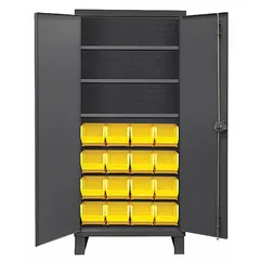 Assembled steel cabinet with powder-coated gray finish. Includes 16 yellow bins (8 in x 7 in x 15 in each) and three shelves. Features a 14 ga panel. Suitable for organizing small parts, fasteners, and fittings in workshops and warehouses.