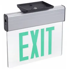 Surface-mount, edge-lit exit sign with one face. Green LED text on silver aluminum housing. Universal field-selectable chevrons for directional indication. Includes self-diagnostics. Designed for ceiling mounting in commercial and industrial facilities for emergency egress marking.