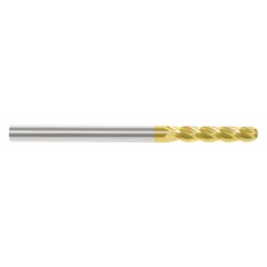This carbide ball end mill features a TiN coating and 4 flutes, with a 1" mill diameter, 2-1/4" length of cut, and 5" overall length. The ball nose design enables contouring, slotting, and profiling of curved surfaces, radii, and die cavities. Suitable for general-purpose milling of steel, stainless steel, and cast iron in industrial manufacturing.