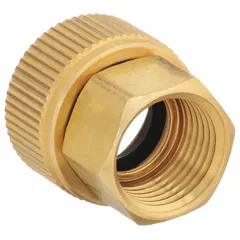 Rigid double-female adapter for connecting GHT and NPT threaded components. Fitting size 1/2 in x 3/4 in with overall length 29.5 mm. Used in industrial fluid systems for coupling hoses or fittings in water, air, or low-pressure fluid transfer applications.
