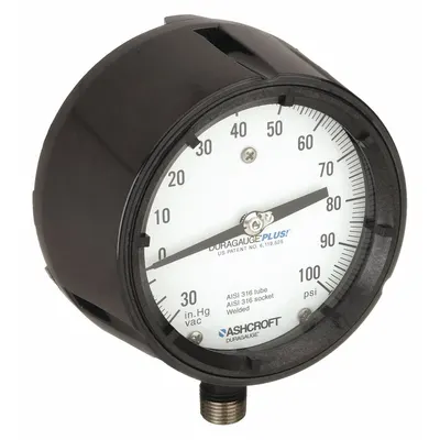 ASHCROFT Process Compound Gauge: 0 psi to 100 psi, White, 4 1/2 in Dial, 1/2 in NPT Male - Vibration-Resistant All-Stainless Steel Wetted Parts & Casing