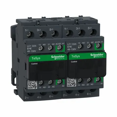 SCHNEIDER Magnetic Contactor: Reversing, 3 Poles, 3NO Contacts, 25 A - Reversing IEC Contactors