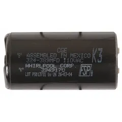 Motor start capacitor for Whirlpool washing machines and dryers. Provides the electrical boost required to start the appliance motor. Genuine OEM part number 8572720.