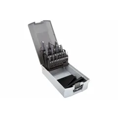 This 15-piece set of solid carbide straight-flute drill bits covers sizes from 1/16" to 1/2". Each bit features a 140° split point to reduce walking and improve hole accuracy. Designed for drilling steel and cast iron, these bits are suitable for machining, fabrication, and maintenance applications.