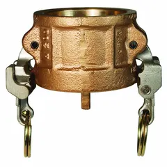 This forged brass dust cap seals the end of a cam and groove coupling when not in use, protecting the connection from dirt, debris, and moisture. It has a 1-1/2 in coupling size, maximum working pressure of 250 psi at 70°F, overall length of 2-15/16 in, and a Nitrile gasket.