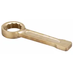 Metric straight-handle striking box end wrench with 12-point opening. Made from natural aluminum bronze for nonsparking performance. Head size 41 mm, overall length 9 in. Suitable for use in environments where sparking must be avoided.