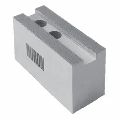 Steel lathe jaw with pointed, serrated gripping surface for use with a 21-inch chuck. Height of 3 inches. Mounts with M20 bolts. Suitable for clamping workpieces in turning and machining operations.