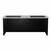 This VERSADESK computer desk features a 72-inch wide wood desktop in Gray Matrix finish and a black steel frame. It includes a modesty panel for a clean front appearance. Suitable for office or home workstation setups, it provides a surface for monitors, keyboards, and paperwork. Supplied as a kit for assembly