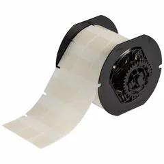 Precut wraparound label for wire, cable, and small cylindrical surface identification. Made of self-extinguishing vinyl with clear matte finish. Compatible with i3300 printer series; requires B30-R4300 ribbon.