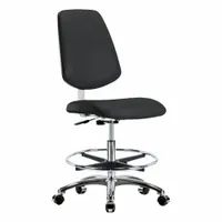 This armless cleanroom task chair features a vinyl seat and back, an aluminum base, and a foot support ring. It is rated for ISO 4 cleanroom environments and offers a pneumatic height adjustment range of 21 1/2 in to 29 in. Seat dimensions are 18 1/2 in wide by 17 in deep. Not ESD safe
