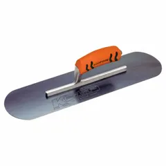 Round-blade trowel for finishing concrete surfaces in swimming pool construction. Blue steel blade measures 14 inches long by 4 inches wide. Camel Back handle design provides ergonomic control for applying plaster or gunite on curved pool walls and floors.