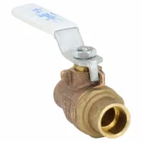Two-piece bronze ball valve with straight pattern and sweat x sweat connections for copper tubing. Lever handle provides manual on/off control. Suitable for water and light oil applications in plumbing and HVAC systems