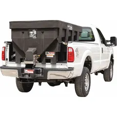 This vehicle battery-powered broadcast spreader mounts in a UTV bed. It features a stainless steel frame and a poly hopper, with a horizontal auger drive mechanism for even material distribution. Suitable for applying seed, fertilizer, or salt in agricultural and property maintenance tasks.