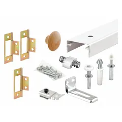 This top-mounted hanging door track kit from PRIME-LINE is designed for sliding door installations. It has a width of 35 3/4 in, a height of 2 5/16 in, and supports doors up to 30 lb. The kit includes the track and necessary hardware for mounting.