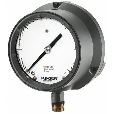 ASHCROFT Process Compound Gauge: 0 psi to 60 psi, White, 4 1/2 in Dial, 1/2 in NPT Male - Vibration-Resistant Brass/Bronze Wetted Parts & Plastic Casing