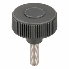 Knurled knob with threaded stud, 50 mm diameter, M10 thread, 30 mm thread length. Plastic body with stainless steel thread, gray finish. Used for manual clamping, positioning, and adjustment on industrial machinery and fixtures.