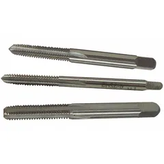This three-piece hand tap set includes taper, plug, and bottoming taps for cutting internal M6x1 metric threads. Each tap is made of high speed steel with 4 flutes and a D5 / 2B thread class. Suitable for hand threading in ferrous and non-ferrous materials in maintenance, repair, and production applications.