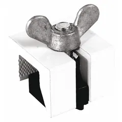 This white painted clamp lock is designed for sash mounting on sliding windows. It includes a handle and is non-handed for installation on either side. Overall length is 9/16 in. Suitable for securing sliding windows in a closed position.