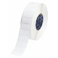 White matte precut label roll in 1 in x 2 in and 2 in x 1 in sizes. Temperature-indicating material changes appearance under sterilization conditions. Compatible with THT printer series. Used for sterilization process verification in industrial and healthcare settings.