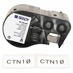 Black-on-white precut label roll cartridge for BMP41 printers. Labels measure 1 in x 1 29/32 in. Halogen-free material. Used for industrial labeling tasks such as cable marking and component identification.