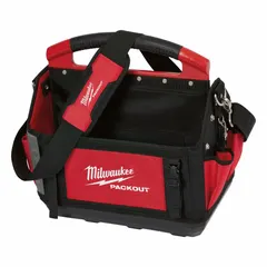 This MILWAUKEE PACKOUT tool tote is constructed of red polyester and measures 15 inches wide by 11 inches deep by 17 inches high. It features 22 inside pockets for organizing tools and accessories, and includes a removable shoulder strap for convenient transport. Suitable for carrying hand tools, fasteners, and small parts on job sites.