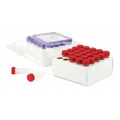 Polypropylene centrifuge tube with 5 mL capacity, conical bottom, and colorless body. Includes a red closure and graduated markings for volume measurement. Used for sample separation and storage in laboratory centrifugation applications.