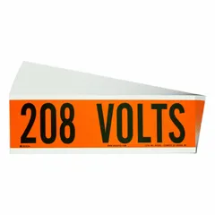 Self-stick vinyl label for marking conduits and electrical panels. Legend reads '208 Volts'. Label size: 9 in width x 2 1/4 in height. Style A. Pack of 25.