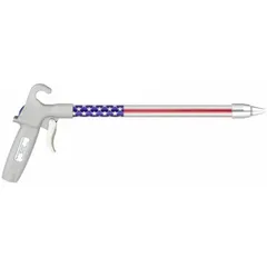 This pistol-grip air gun has an aluminum body with a 1/4 in female NPT connection. It features one straight, focused nozzle for directed airflow. Typical applications include blow-off, cleaning, and drying in industrial settings such as machining, assembly, and maintenance.