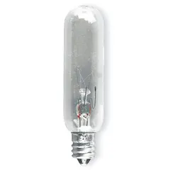 This incandescent lamp features a T6 tubular shape and a candelabra screw (E12) base, rated for 145V AC. It is commonly used in decorative lighting, chandeliers, and appliance indicators where a small, low-wattage lamp is required.