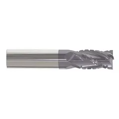 This carbide roughing end mill is designed for heavy material removal in steel and cast iron. The AlTiN coating and corner-radius geometry reduce heat and wear during high-feed machining. With 4 flutes, a 3/4" mill diameter, 1-1/2" length of cut, and 4" overall length, it is suitable for roughing passes in industrial manufacturing and tool-and-die work.