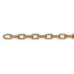 This PEERLESS Grade-70 load-securing chain is made of carbon steel with a straight welded link design. It is used for tie-downs, towing, and cargo restraint in heavy-duty transport and industrial rigging applications.