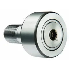 Crowned stud track roller with cylindrical roller design. Roller diameter 40 mm, width 20 mm, thread M18-1.5. Suitable for linear motion systems, cam followers, and conveyor tracks where misalignment compensation is required.