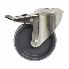 Swivel caster with face brake and hollow kingpin mounting, finished in silver. Compatible with Gendron Maxi Rest 4748D and 4748DX healthcare beds. Used for smooth mobility and secure locking in patient transport and bed positioning.