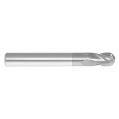 This double-end carbide ball end mill features a TiCN coating and 4 flutes. With a 1/8" mill diameter and 1/4" length of cut, it is suited for contouring, slotting, and profiling in CNC machining. The ball nose design enables smooth curved surfaces, and the double-end construction extends tool life.