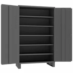 Welded steel cabinet with gray powder-coated finish. Includes five adjustable shelves and legs. Equipped with a swing handle and keyed lock. Suitable for organized storage of tools, parts, and equipment in warehouses, factories, and maintenance shops.