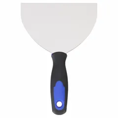 This spreading tool features a carbon steel blade with a tapered shape for applying and smoothing joint compound. The handle is made of polypropylene/TPR for a comfortable grip. It is commonly used in drywall finishing for spreading compound on taped seams and corner beads.
