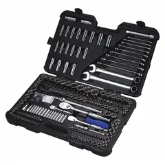 This 204-piece tool set includes 22 hex keys, 3 drive tools, and 12 combination wrenches in both Metric and SAE sizes. The set is organized in a tool case for storage and transport. Suitable for maintenance, repair, and assembly tasks in industrial facilities.