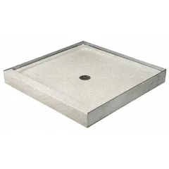 This ACORN shower base is a single-threshold, square terrazzo unit with a 36-inch overall length and 4-inch overall height. It features flanges on three sides for simplified wall integration and a center drain location. Suitable for barrier-free shower installations in commercial or residential settings.