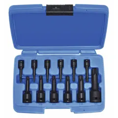 This 12-piece Torx impact socket bit set includes a fixed insert and covers sizes T10 to T60. Designed for use with impact drivers, it is suited for fastening Torx fasteners in automotive and industrial settings. Drive sizes are 1/4 in, 3/8 in, and 1/2 in SAE.