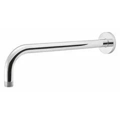 Wall-mounted shower arm made of brass with polished chrome finish. Features NPT connection for attaching rain showerheads to water supply. Includes flange for wall mounting. Suitable for residential or commercial bathroom installations.