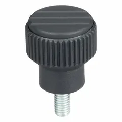 Knurled knob with threaded stud for manual clamping, positioning, and adjustment on machinery and fixtures. Plastic body with steel M5 thread, 10 mm thread length, 21 mm diameter, gray finish.