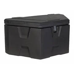 This A-Frame trailer tongue box is constructed of polyethylene in a matte black finish. It measures 18 inches in overall depth and 18 inches in overall height. The box features a hasp latch that is padlockable for securing contents. Typical applications include storing trailer accessories, tools, and hitch components on A-frame trailers.