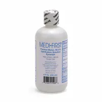 MEDIQUE Eyewash is a sterile liquid solution for emergency eye irrigation. The 8 oz bottle is used to flush contaminants, debris, or chemicals from the eyes in industrial, laboratory, or first-aid settings