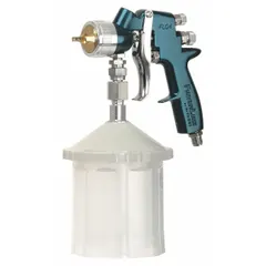 This HVLP spray gun from DEVILBISS is designed for applying coatings, paints, and primers. It features a 1/4 in NPT air inlet, 13.5 cfm air consumption at 23 psi, and an aluminum body. The gun includes an adapter and is suited for industrial finishing tasks such as automotive refinishing and woodworking.