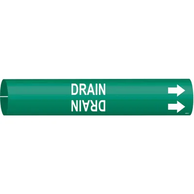 BRADY Pipe Marker: Drain, Green, White, Fits 1 1/2 to 2 3/8 in Pipe O.D., 1 Pipe Markers - Drain Snap-On Pipe Markers