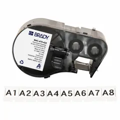 Continuous label roll cartridge integrating label and ribbon for streamlined installation. Polyester material with black-on-white printing. Measures 15/32 in wide by 25 ft long. Compatible with M510 printer series. Used for industrial identification, cable marking, and asset labeling.