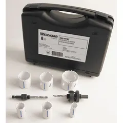 This 8-piece hole saw kit features bi-metal construction with 4/6 teeth per inch for cutting through wood, metal, plastic, and drywall. Each saw has a maximum cutting depth of 1-1/2 inches, suitable for maintenance, construction, and fabrication tasks.