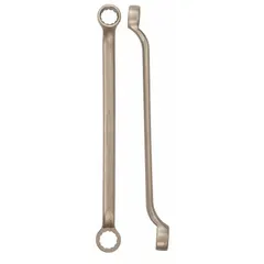 This nonsparking wrench is designed for use in hazardous environments where flammable gases, vapors, or dusts are present. It features a double-end, 12-point box end with 16 mm and 18 mm head sizes and an offset design. Overall length is 10 1/4 inches. Suitable for maintenance tasks in areas requiring spark-resistant tools.
