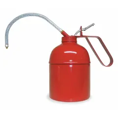 This lever-grip oil dispenser has a 32 fl oz capacity and a 9-inch flexible spout for reaching confined spaces. The tin-coated steel body includes a steel pump with two ball valves that can deliver either a drop or a stream of lubricating oil. Suitable for general lubrication tasks in maintenance and assembly operations.