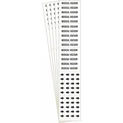 White adhesive pipe marker with black legend reading 'Medical Vacuum' and directional arrows. Designed for pipes with outer diameter of 3/4 inch or smaller. Each pack contains 5 markers (3 pipe markers per pack). Used to identify vacuum lines in piping systems for safety and maintenance.